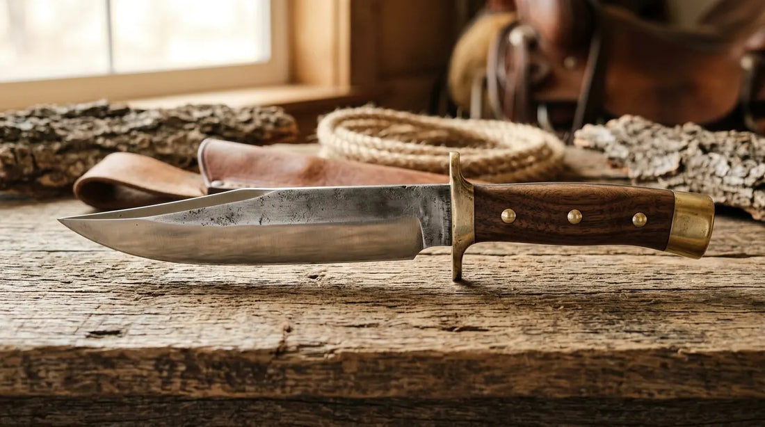 Traditional cowboy knife showing blade, handle, guard, bolster, and pommel