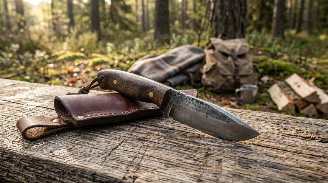 drop point hunting knife on a wooden surface in a forest campsite