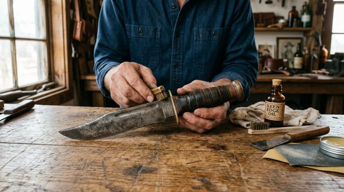 how to restore an old cowboy knife on a rustic wooden workbench