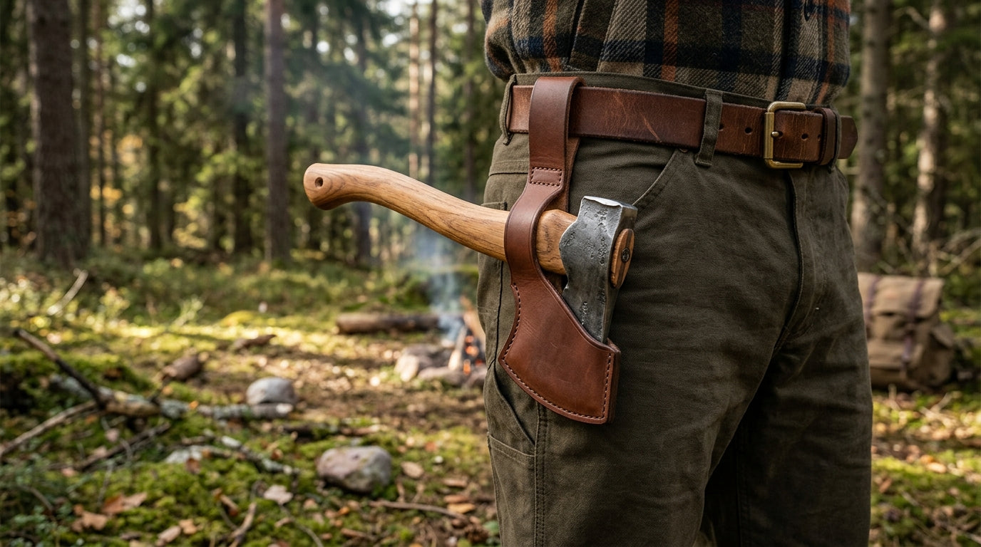 Wooden-handled belt axe carried in a leather hip sheath in the woods