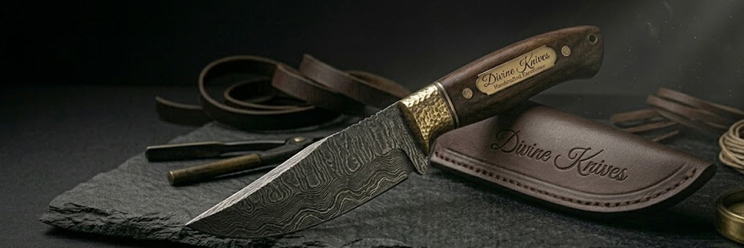 Damascus clip point hunting knife with leather sheath | USA | Divine Knives