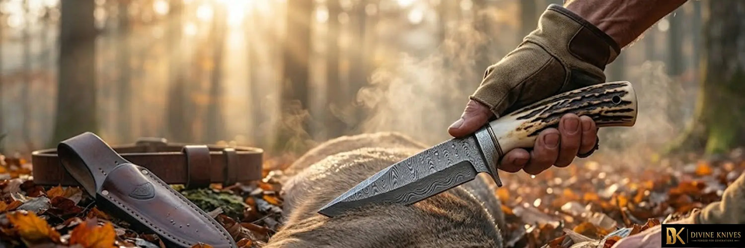 Damascus steel hunting knife with stag antler handle | Divine Knives