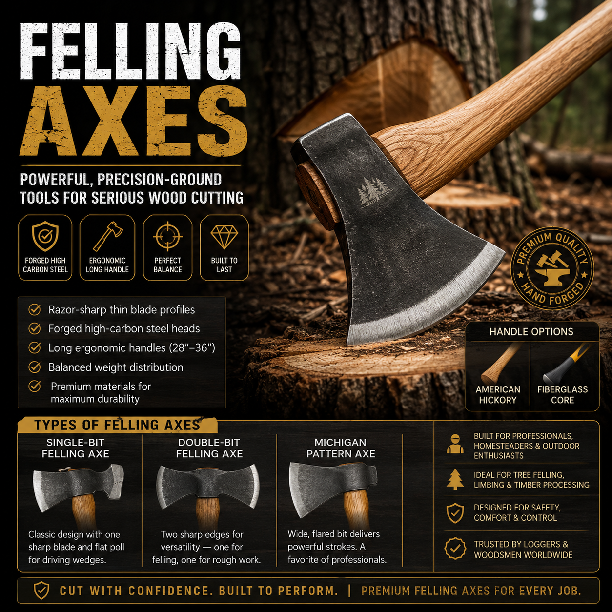 A high-quality felling axe showcased in a natural woodland setting. The image highlights a sharp forged steel axe head and ergonomic wooden handle designed for professional logging, forestry work, tree felling, and outdoor wood-processing tasks