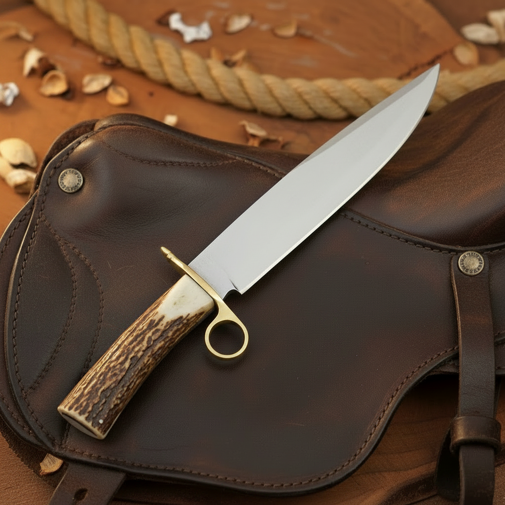 Ring Guard Stag Bowie Knife with Crown Antler Handle and Hand Laced Leather Sheath