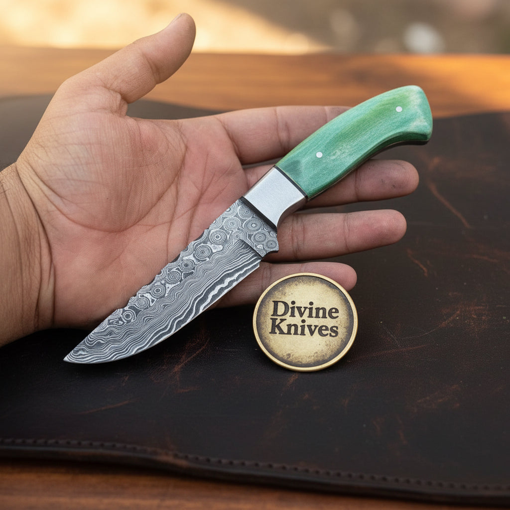 Green Damascus Drop Point Hunter with Mosaic Ricasso Pattern