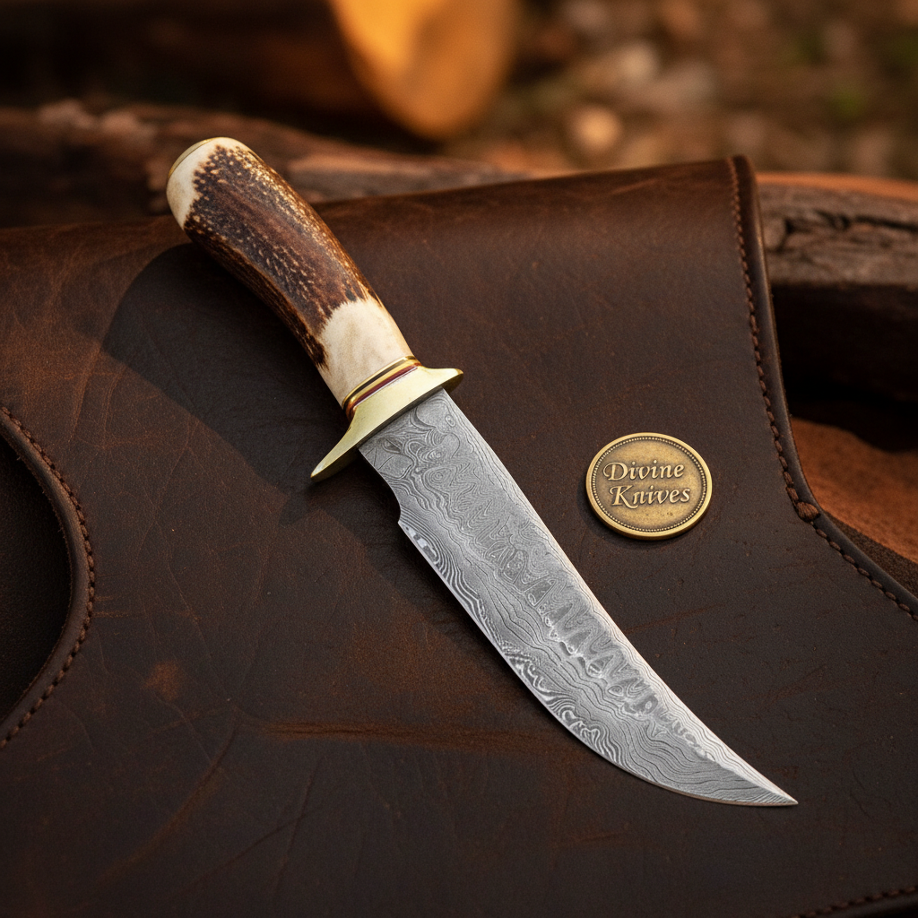 Crown Stag Hunting Knife with Clip Point Forged Blade and Studded Leather Sheath