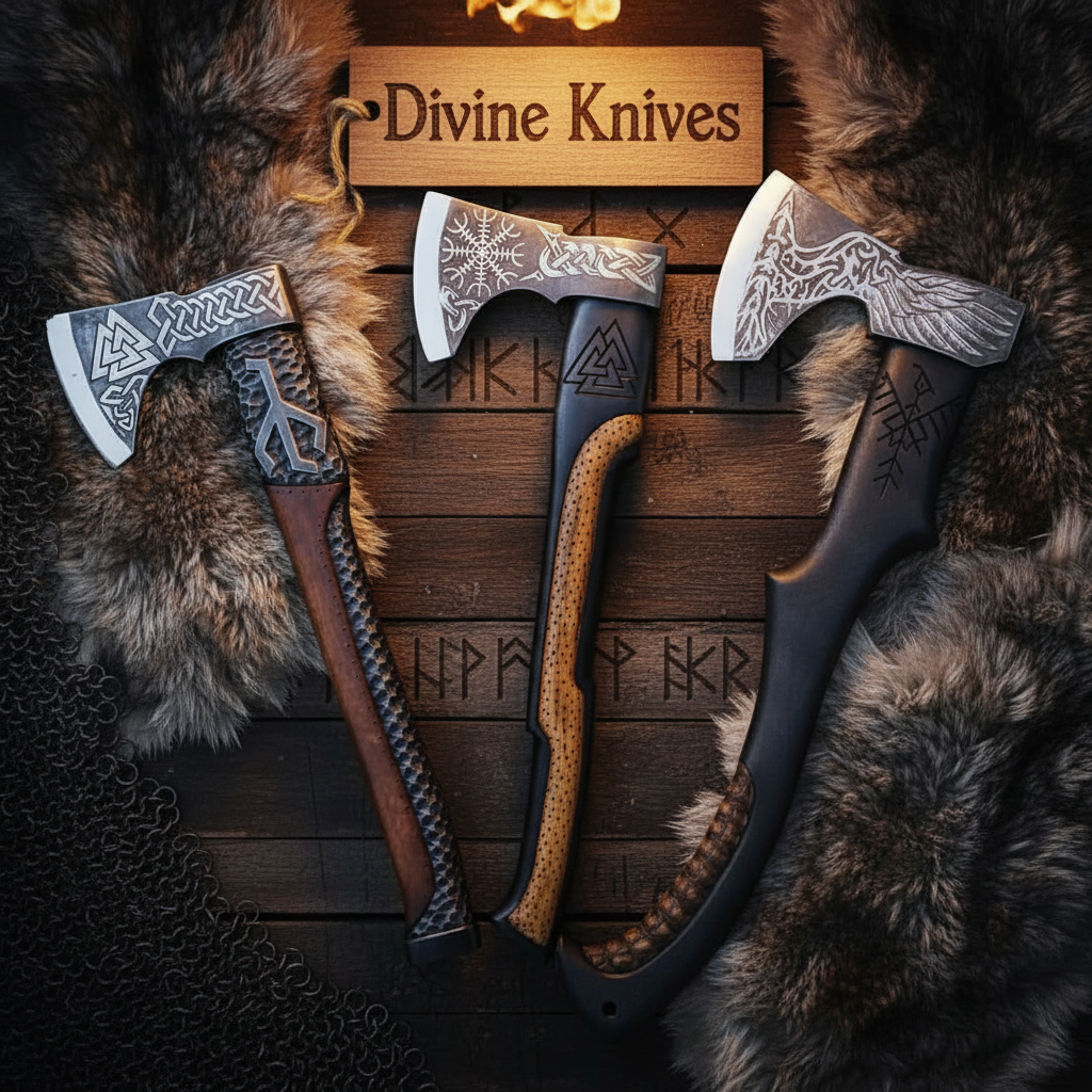 Norse Engraved Viking Bearded Axe Set with Etched Blade Motifs