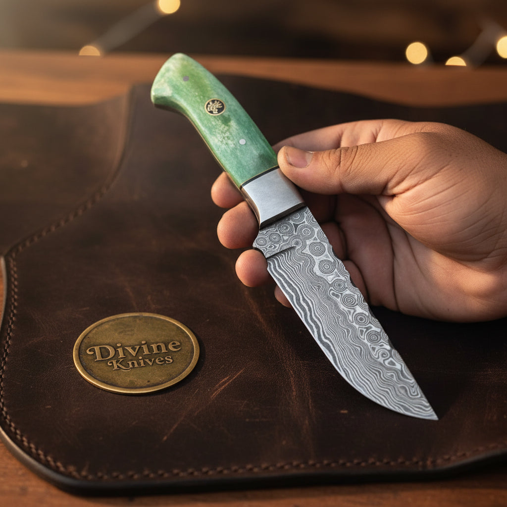 Green Damascus Drop Point Hunter with Mosaic Ricasso Pattern