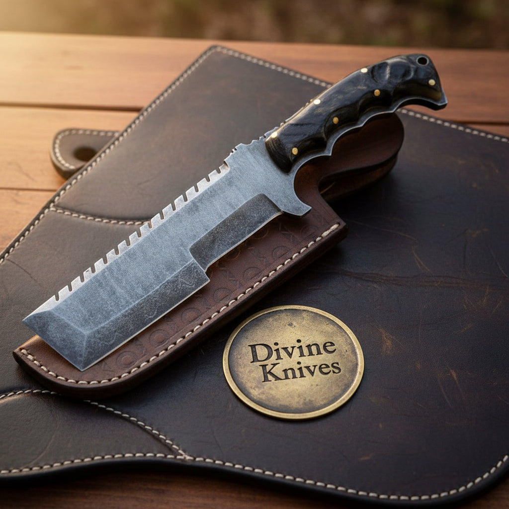 Tracker Cleaver Knife with Sawback Spine, Squared Tip Blade and Contoured Horn Handle