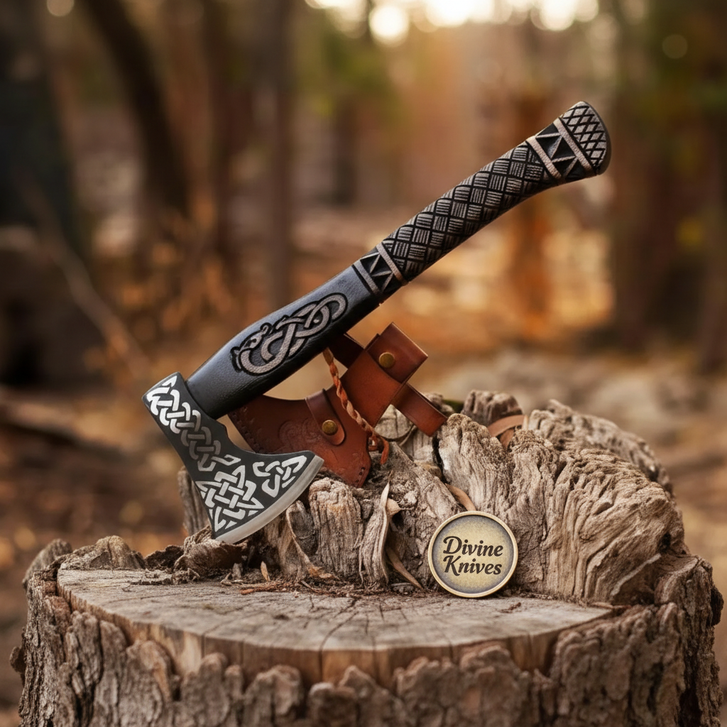 Celtic Norse Viking Axe — Hand-Forged Hatchet with Carved Handle