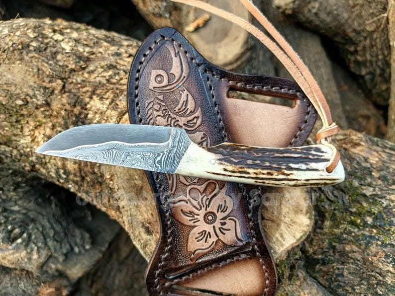 Stag Antler Twist Pattern Skinner Knife with Floral Sheath for Hunters and Outdoor Users