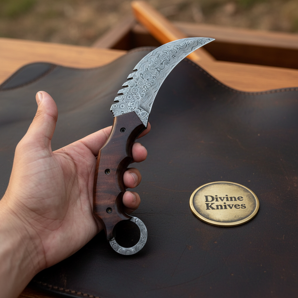 Karambit Claw Knife with Rosewood Handle, Finger Ring and Hand Forged Curved Blade