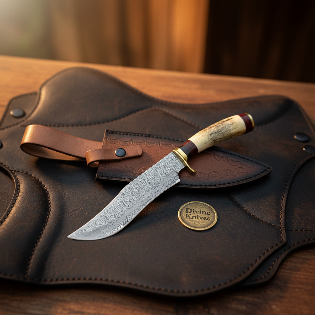 Trailing Point Hunter Knife with Stag Horn Handle and Hand Forged Patterned Blade