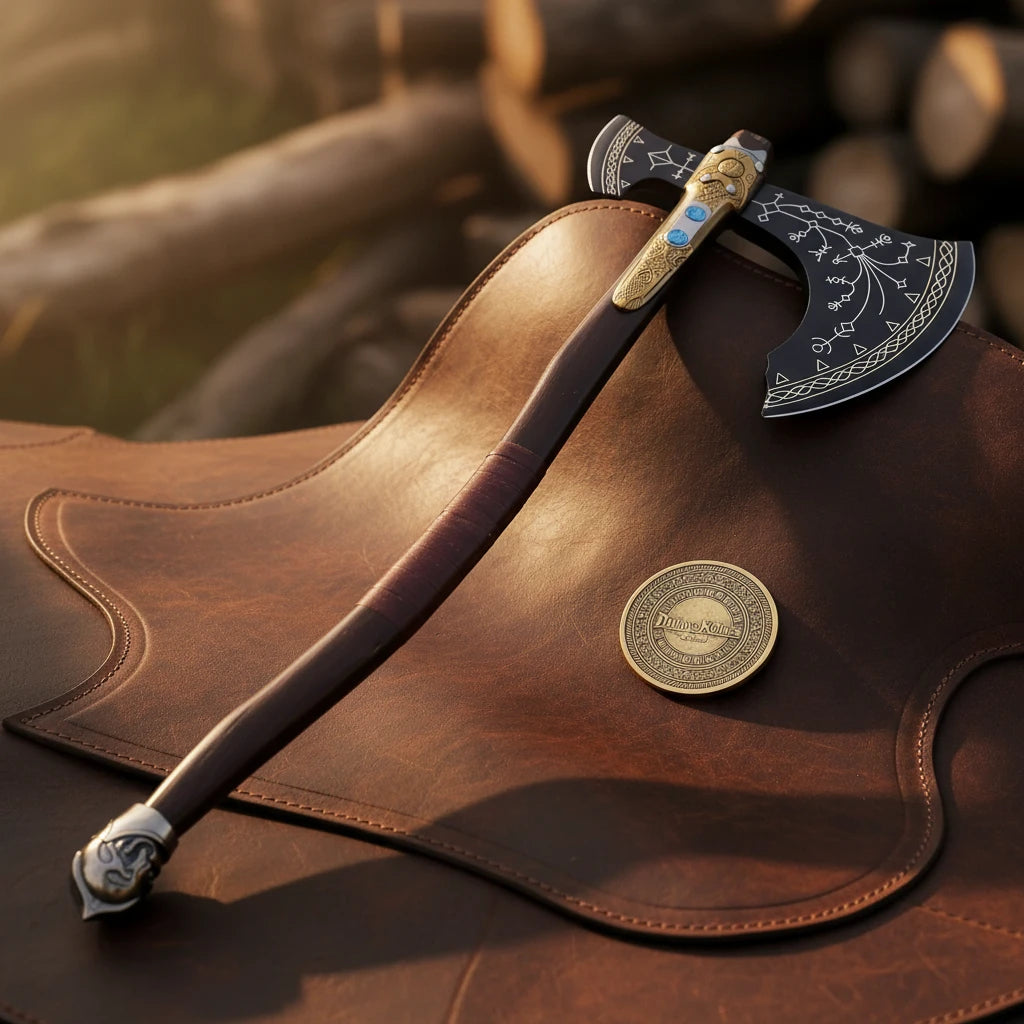 Norse Rune Etched Viking Axe with Gold Brass Bolster & Blue Stone Inlays