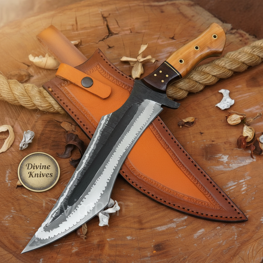 San Mai Clip Point Tracker Bowie with Layered Steel Meets Bushcraft Design