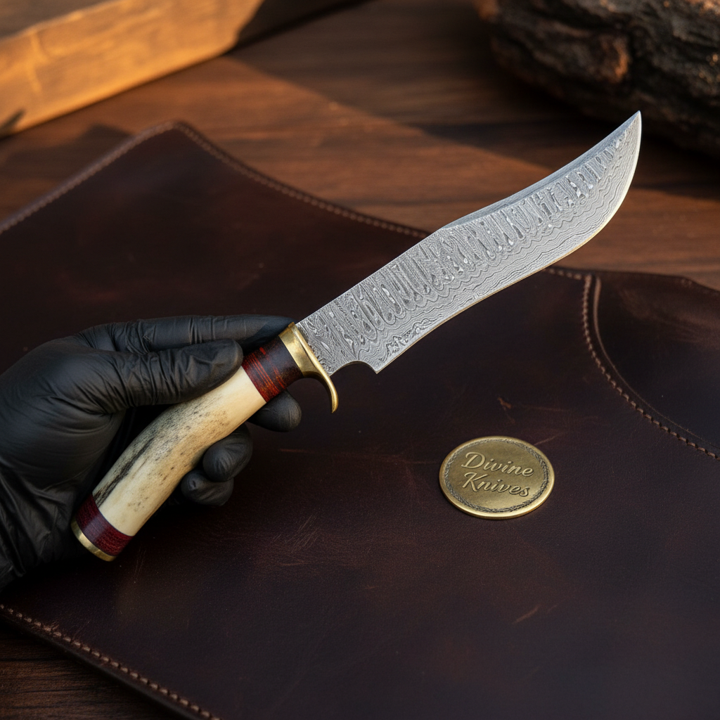 Trailing Point Hunter Knife with Stag Horn Handle and Hand Forged Patterned Blade