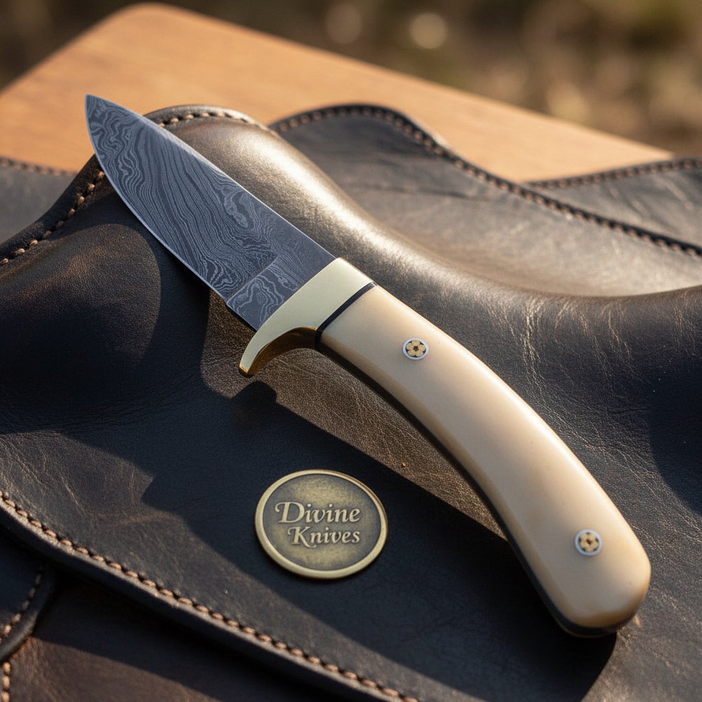 White Bone Handle Hunting Knife with Brass Bolster and Hand Forged Drop Point Blade