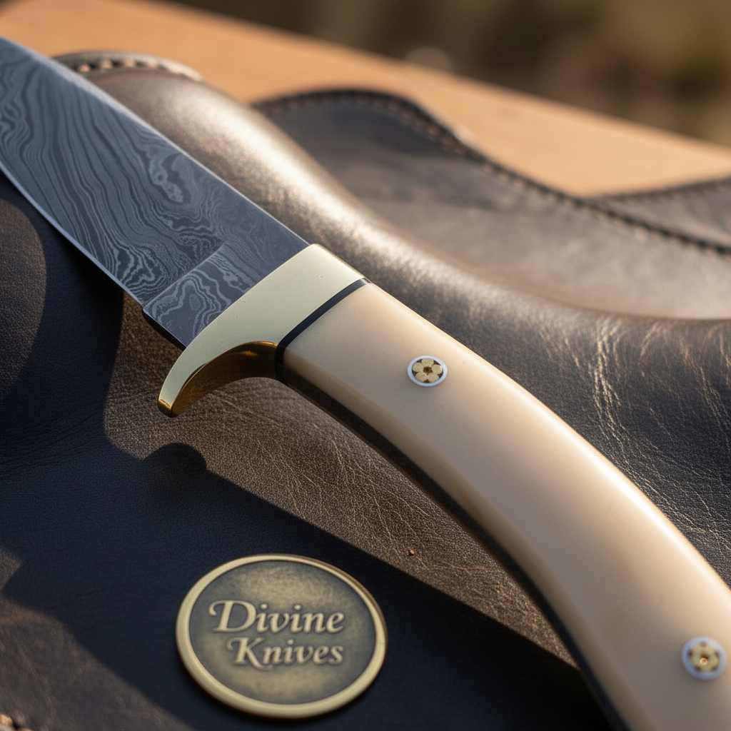 White Bone Handle Hunting Knife with Brass Bolster and Hand Forged Drop Point Blade