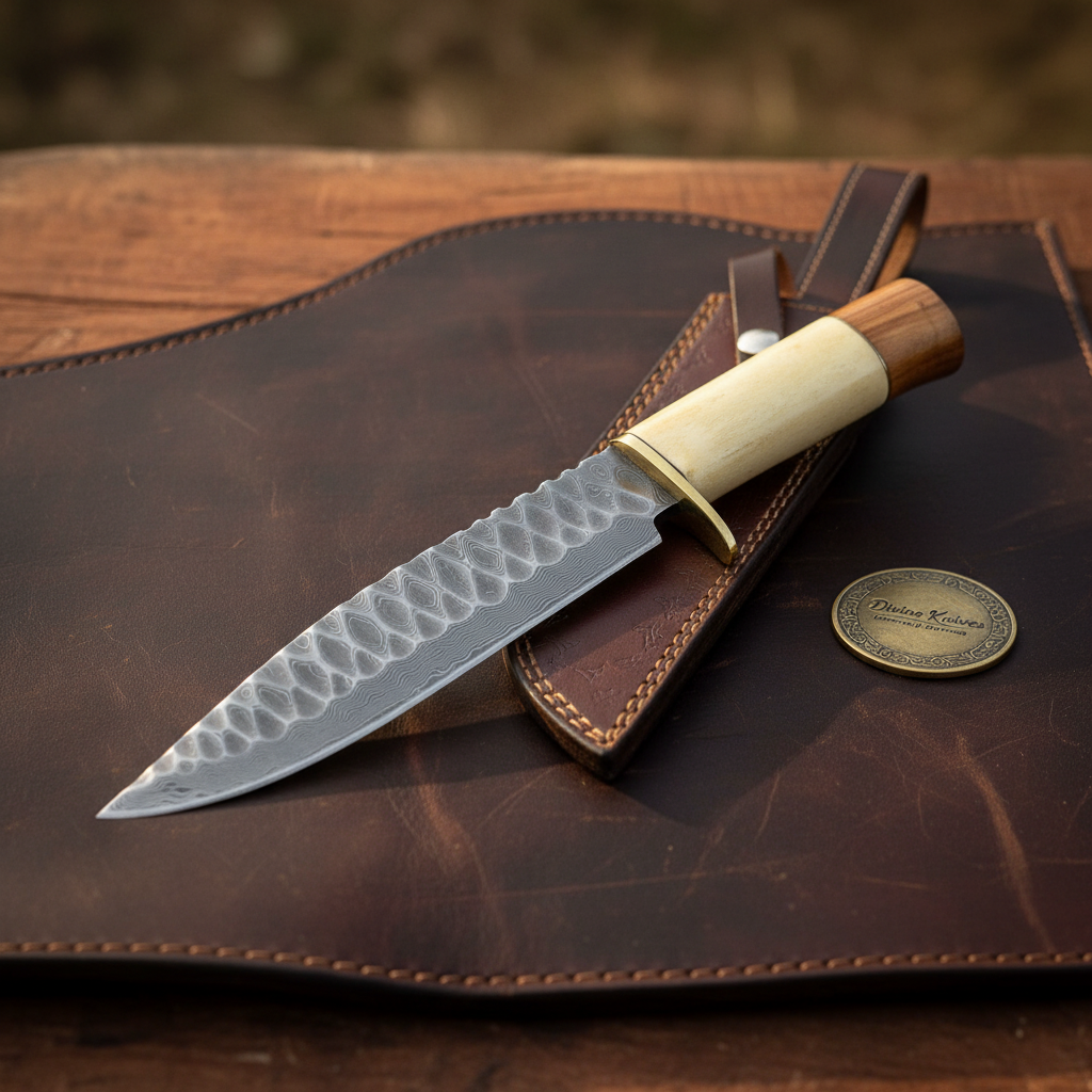Hammered Bone Handle Camp Knife with Dimpled Forged Blade and Snap Leather Sheath