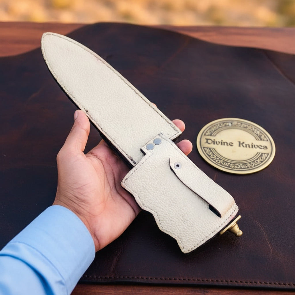 Knuckle Guard Dagger Knife with Rosewood Finger Groove Grip and Two Tone Leather Sheath