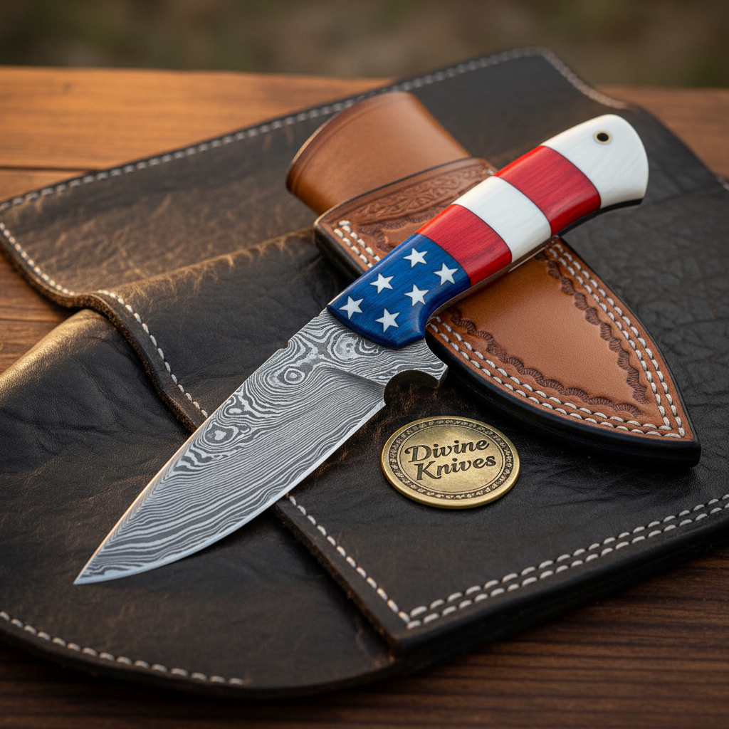American Flag Drop Point Damascus Skinner with Layered Blade