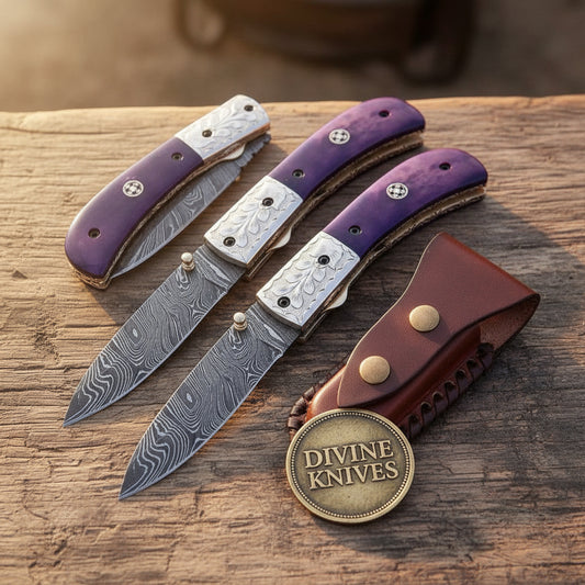 Royal Amethyst Damascus Folding Trio with Wood Grain Damascus Blade