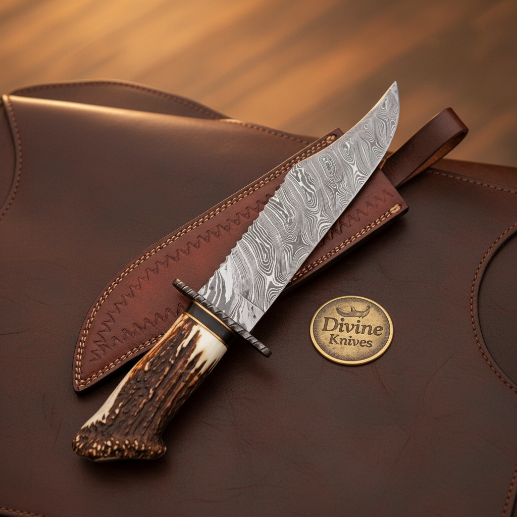 Crown Antler Bowie Knife with Hand Forged Layered Blade and Stitched Leather Sheath