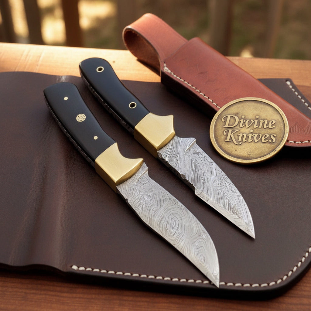 Brass Bolster Twin Knife Set with Black Horn Handles and Shared Red Leather Sheath