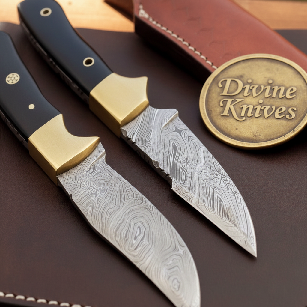 Brass Bolster Twin Knife Set with Black Horn Handles and Shared Red Leather Sheath