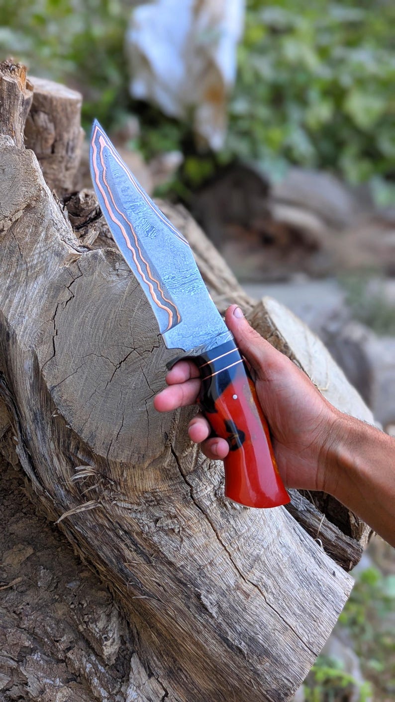 Copper-Line Bowie Hunter Knife with Red & Black Marbled Resin Handle