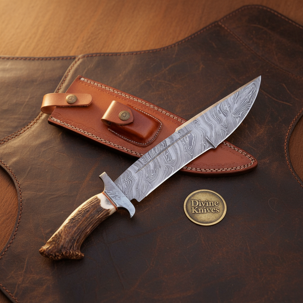Crown Stag Damascus Bowie Rambo Knife with Natural Crown Stag Handle