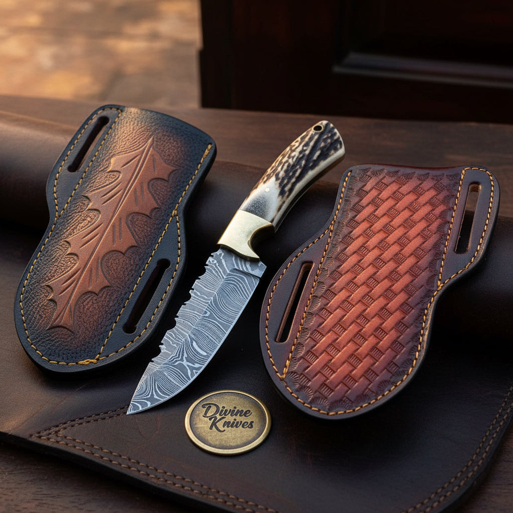 Damascus Antler Sawback Hunter Knife with Genuine Stag Handle