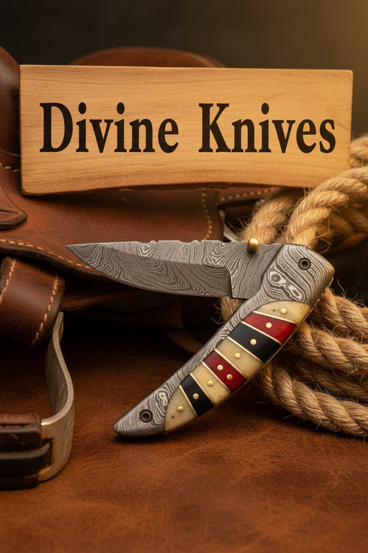 Striped Damascus Folder with Banded Handle and Damascus Bolsters