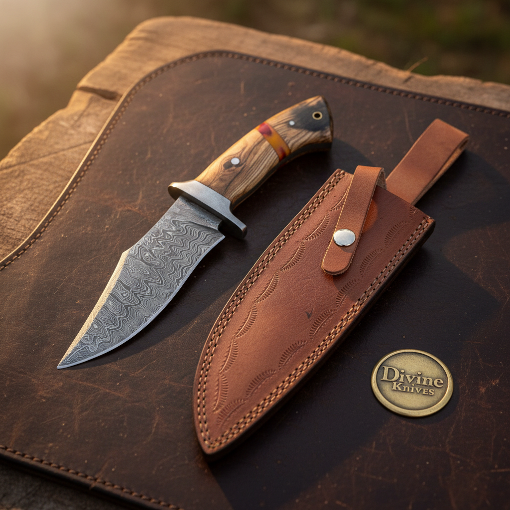 Olive Wood Damascus Clip Point Hunter with Natural Wood Handle