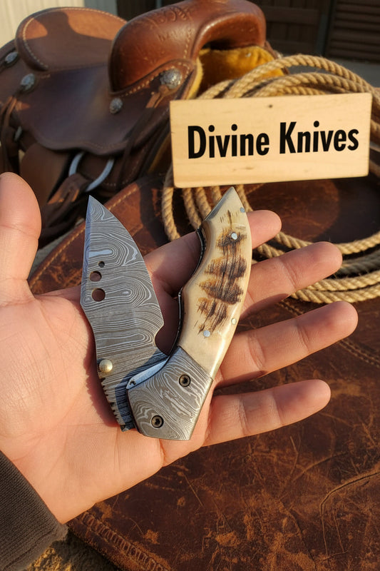 Damascus Stag Horn Pocket Knife with Silver Bolster