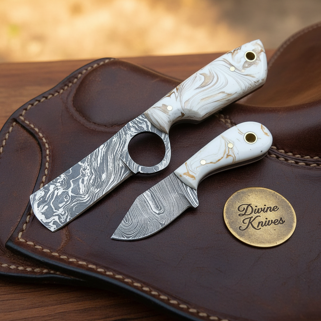 White Marbled Finger Hole Bull Cutter & Neck Skinner Set