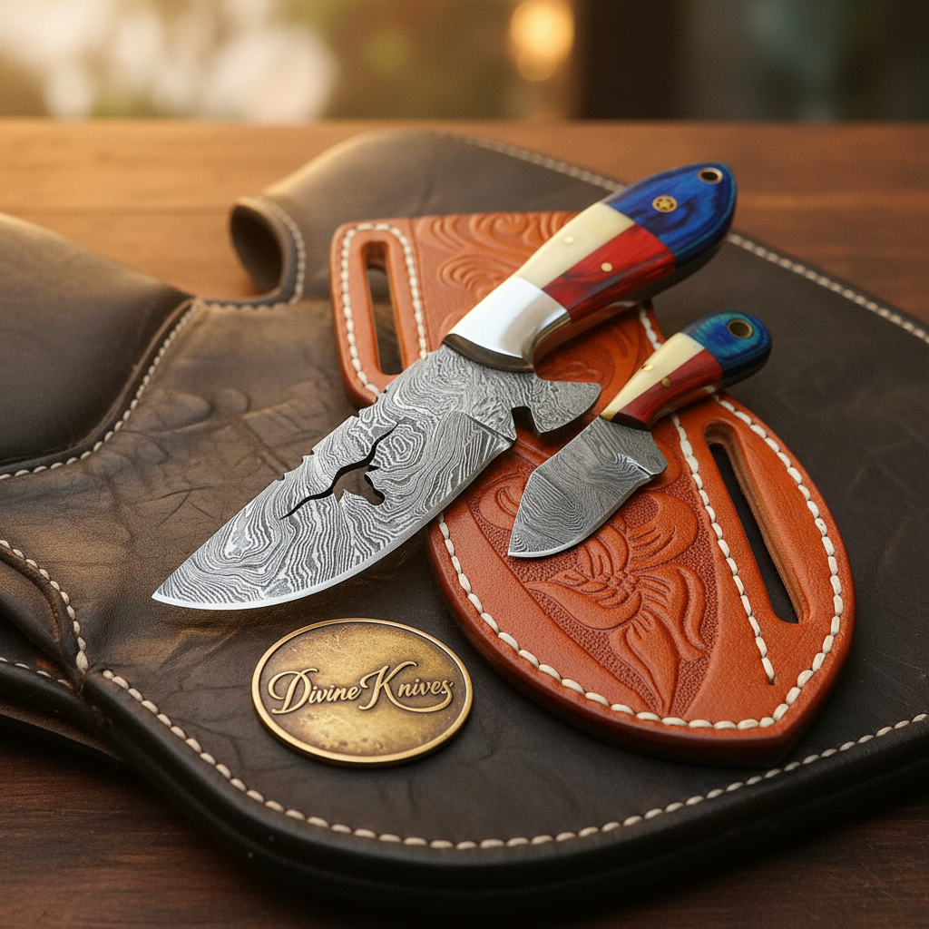 Longhorn Cutout Texas Flag Damascus Hunter & Skinner Knife Set