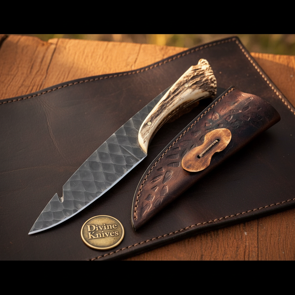 Hand Forged Field Dressing Knife with Blackened Carbon Steel Blade and Stag Crown Grip