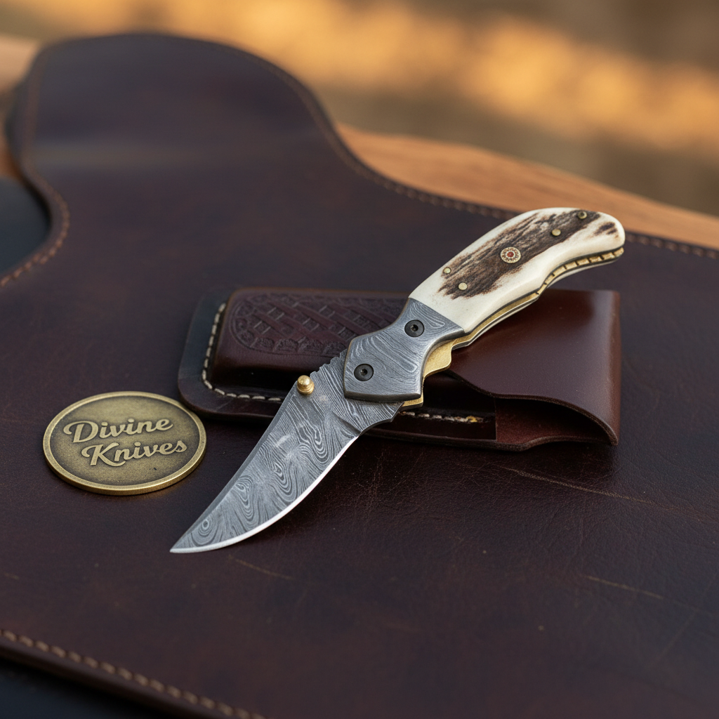 Antler Damascus Linerlock Pocket Knife for Everyday Function