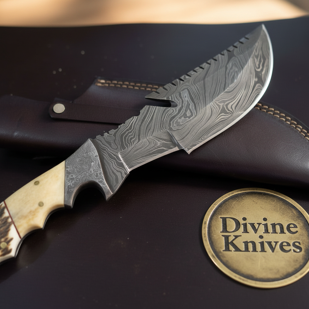 Antler & Camel Bone Damascus Bushcraft Tracker with Scalloped Spine