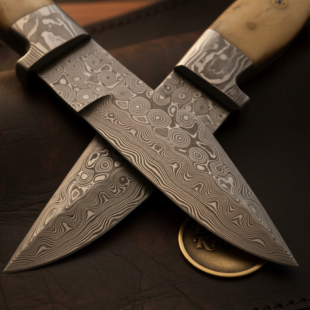 Bone Handle Hunting Knife Set with Two Hand Forged Blades and Shared Leather Roll