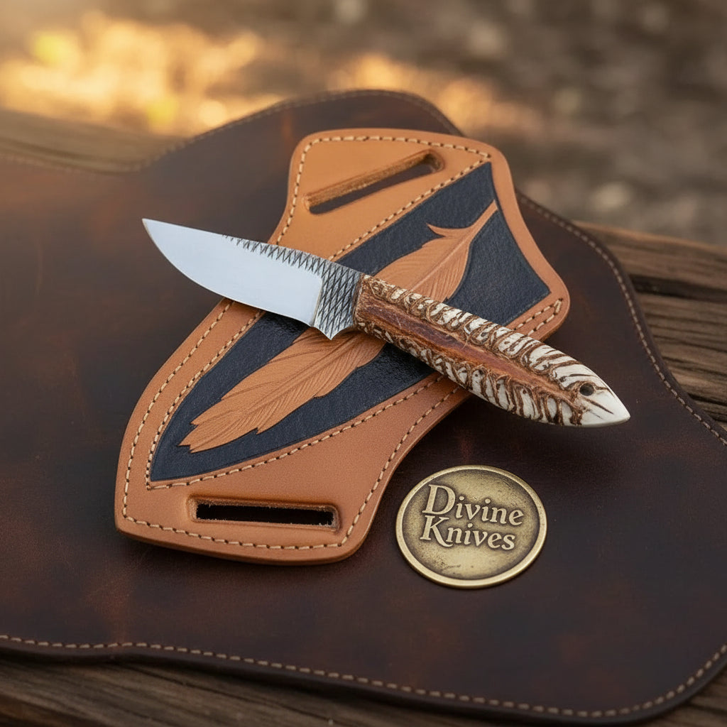 Studded Clip Point Hunter Knife with Textured Stag Bone Handle for Hunting and Outdoor Tasks