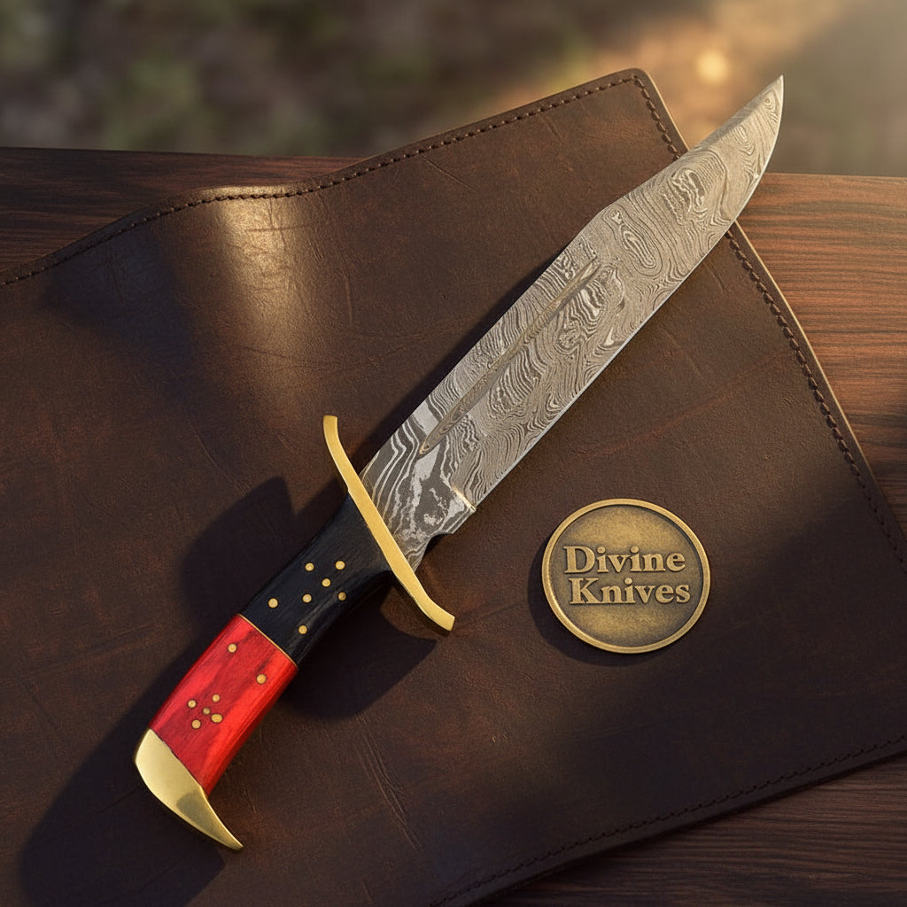 Twist Pattern Classic Bowie Knife with Red Pakkawood Handle & Brass Guard