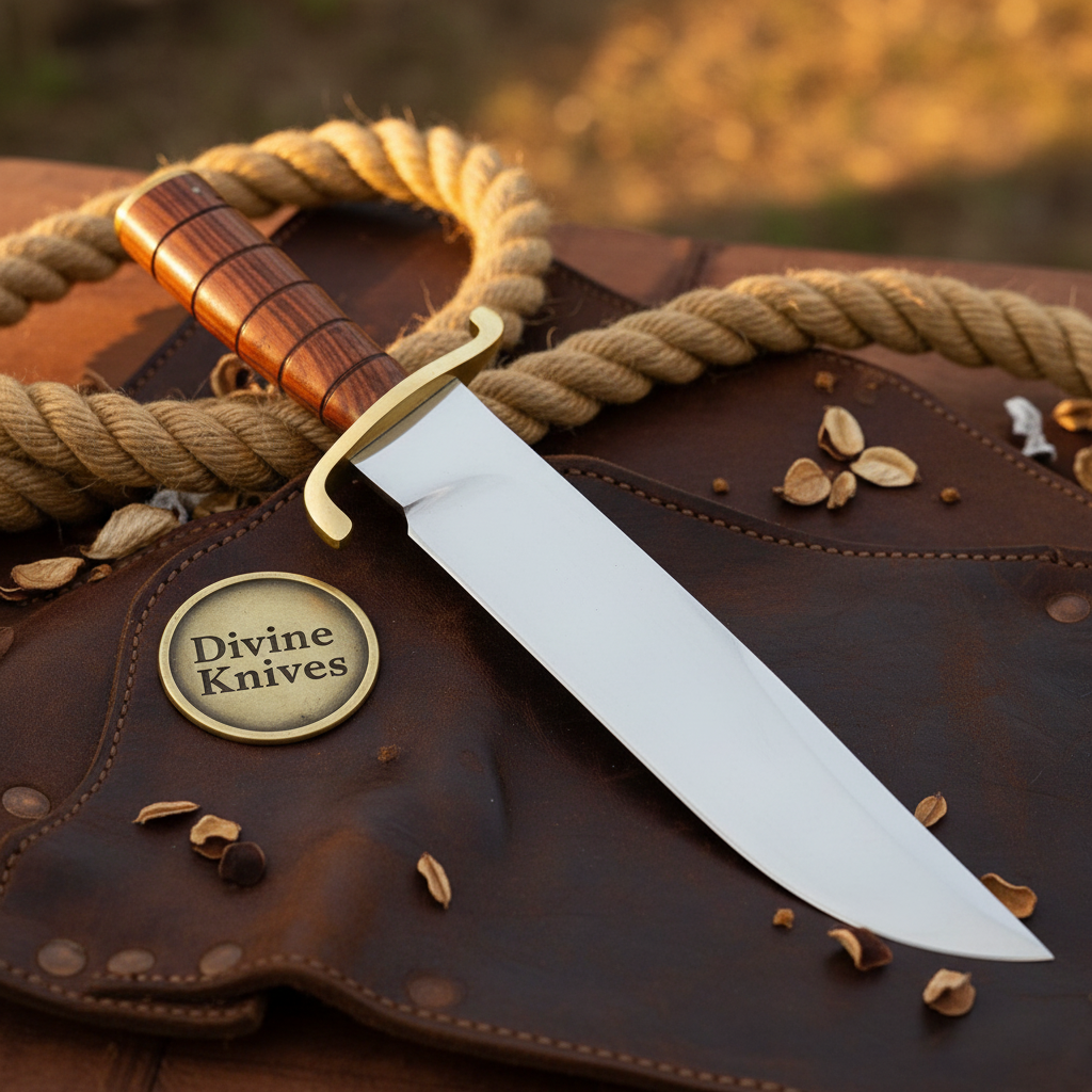 Rosewood Handle Bowie Knife with Mirror Polished Clip Point Blade & Tooled Sheath