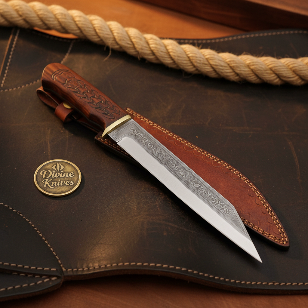 Engraved Rosewood Seax Knife with Long Tanto Style Blade and Hand Tooled Sheath