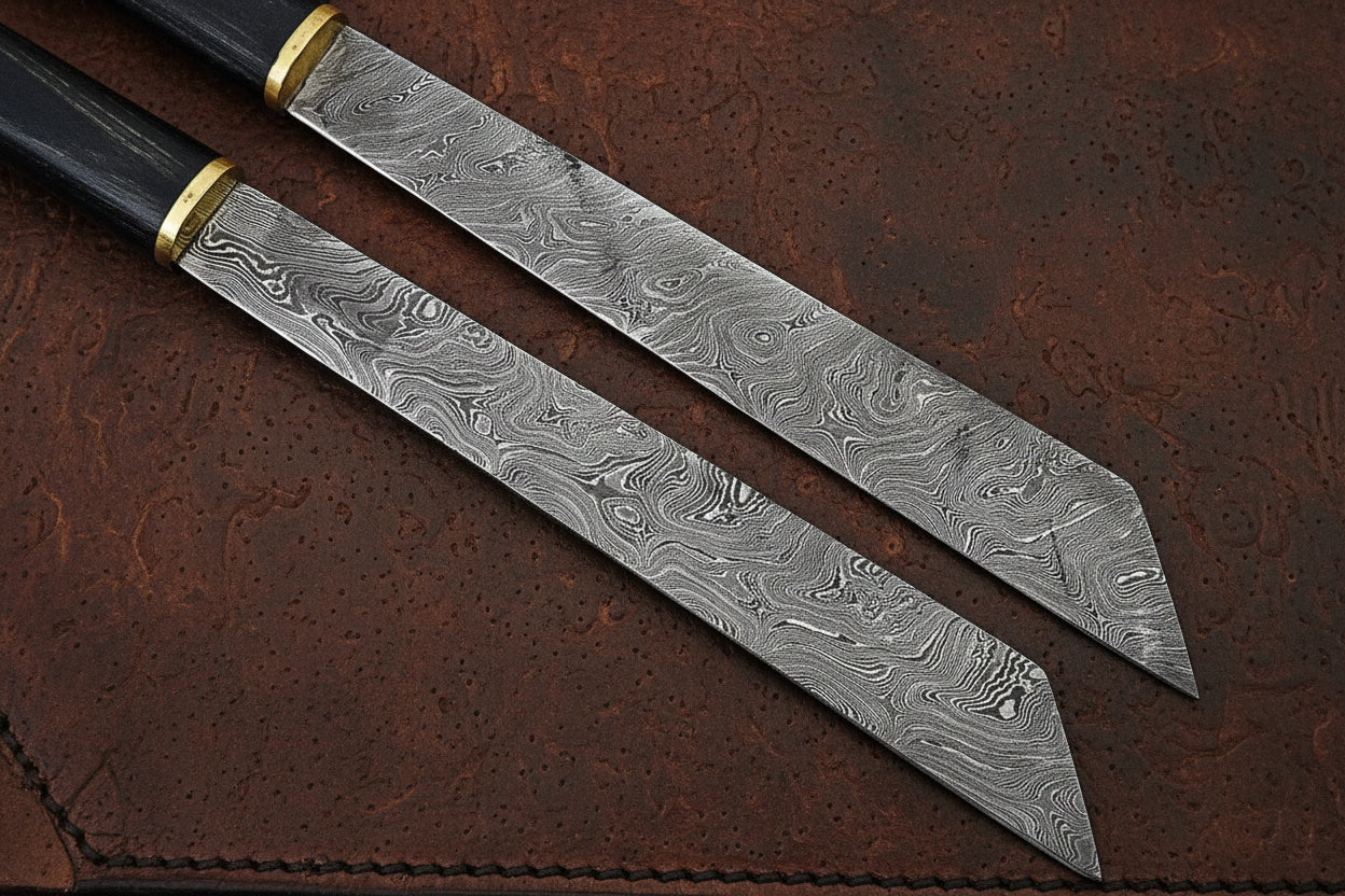 Horn Handle Tanto Knife Set with Brass Ferrules and Shared Snap Close Leather Sheath