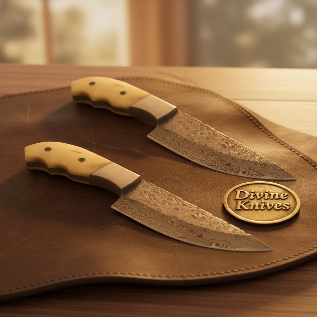 Damascus Finger-Groove Camel Bone Hunter with Ergonomic Grip