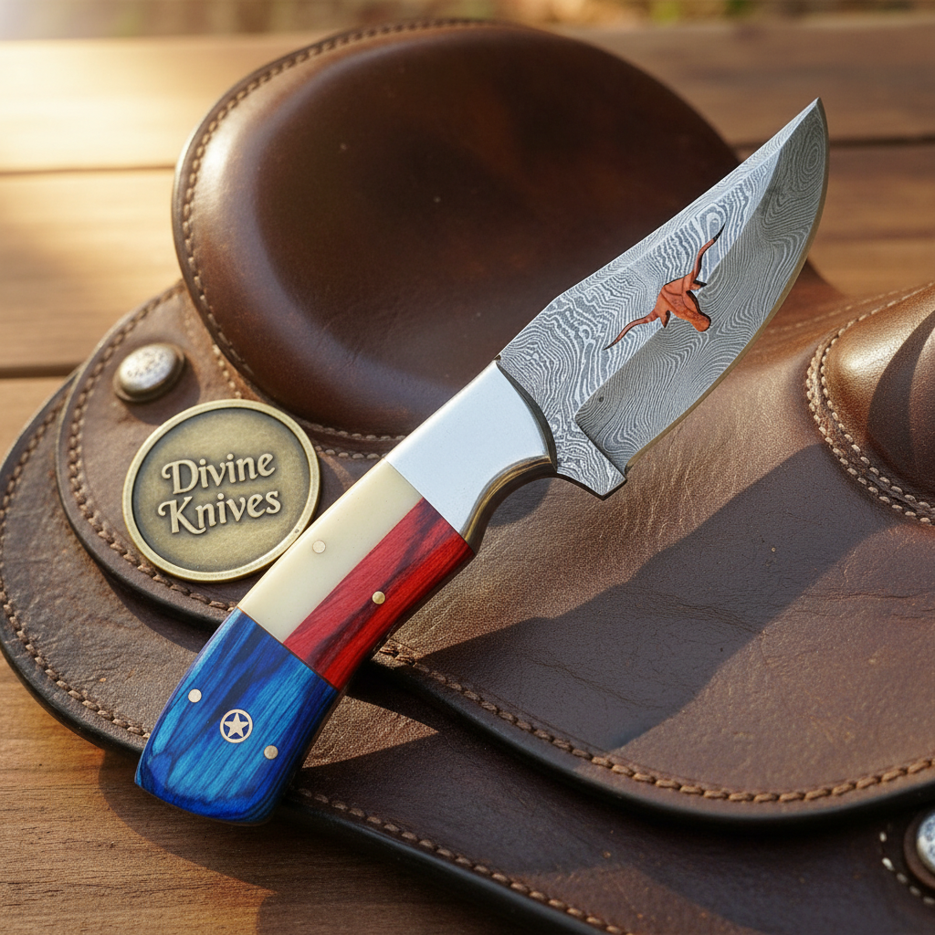 Longhorn Cutout Texas Flag Damascus Hunter & Skinner Knife Set
