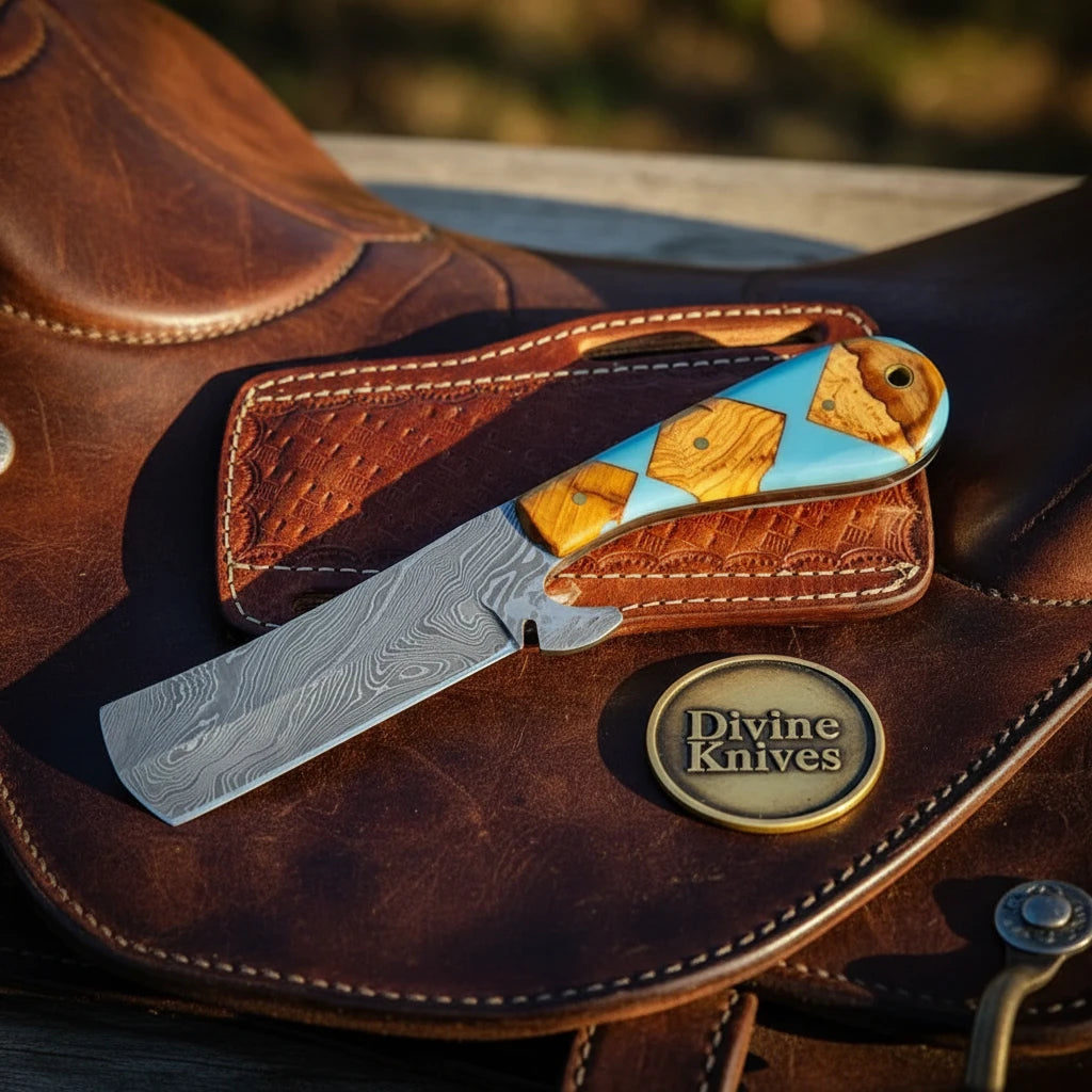 Blue Resin Cleaver Folding Knife with Olive Wood Inlay Handle