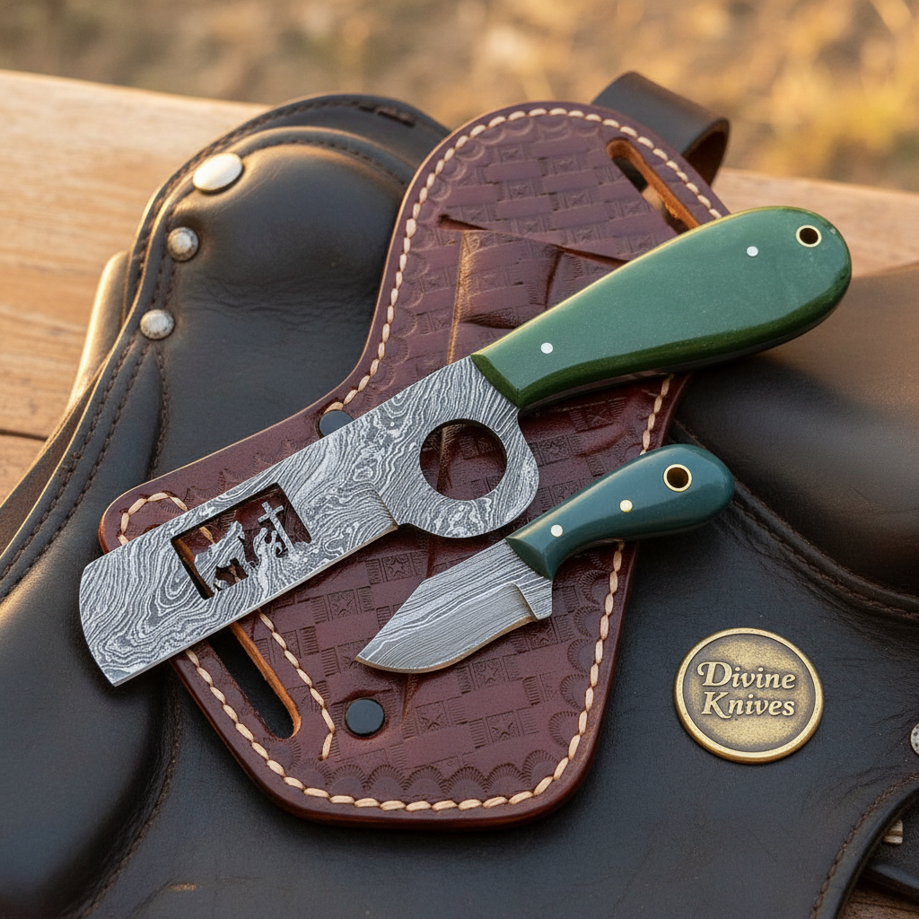 Praying Cowboy Bull Cutter & Neck Skinner Set with Cutout Design